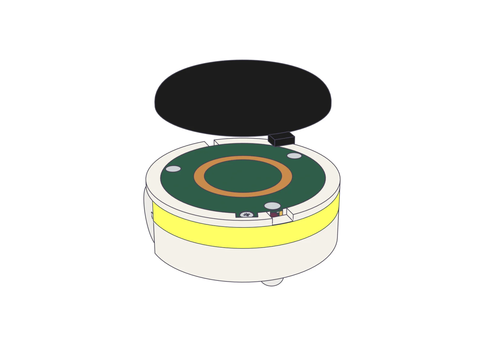 A black blind hat lifted off a bot whose band glows green: the brain it drew was an Orbiter.