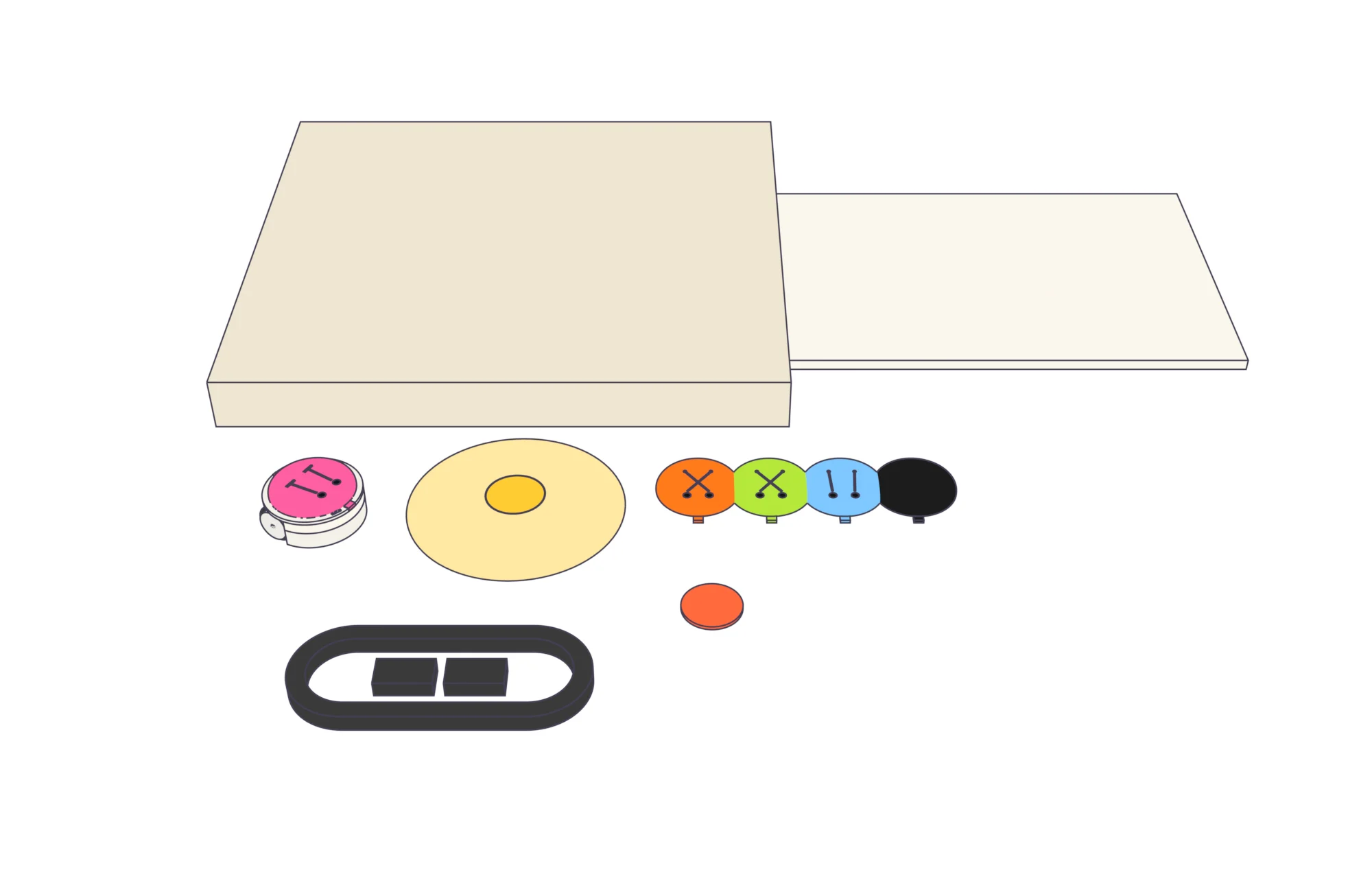 Everything in the box laid out: the folded mat, the field guide, a bot, a light pad, brain hats in four colours and a black blind hat, a signal hat and the USB-C cable.