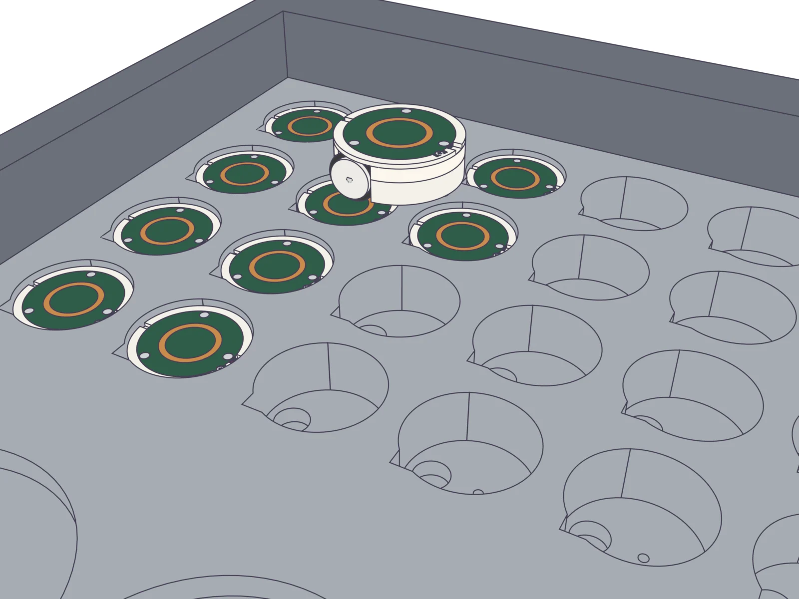 The open case tray with bots in their pockets; one more bot is lowered into an empty pocket, its wheels lining up with the pocket's notches.