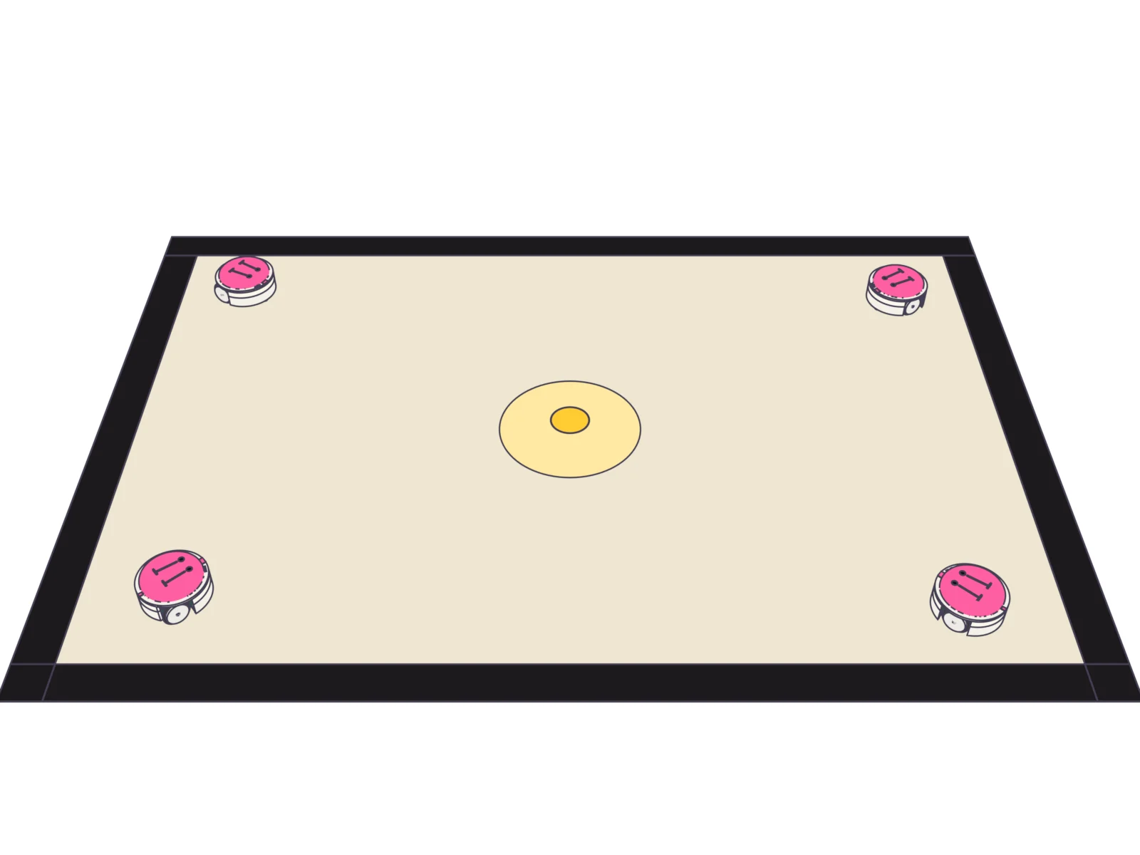 Four bots with pink hats near the border of the mat, the light pad in the middle.