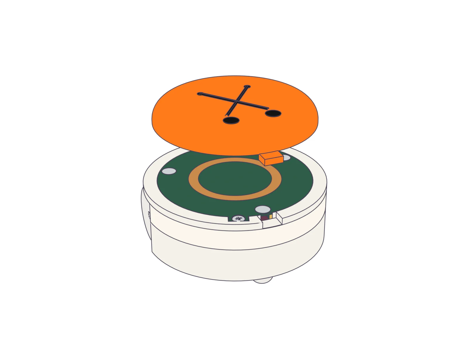 A brain hat held just above a bot, its key lined up with the front; an arrow shows it going down onto the seat.