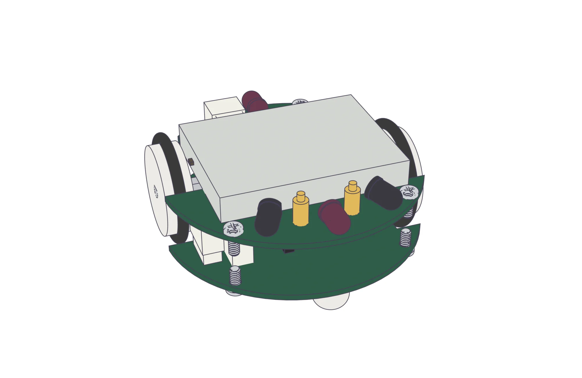 A bot with its shell, cover and hat off: the two eyes at the front, the wheels and motors, the cell and the main board.