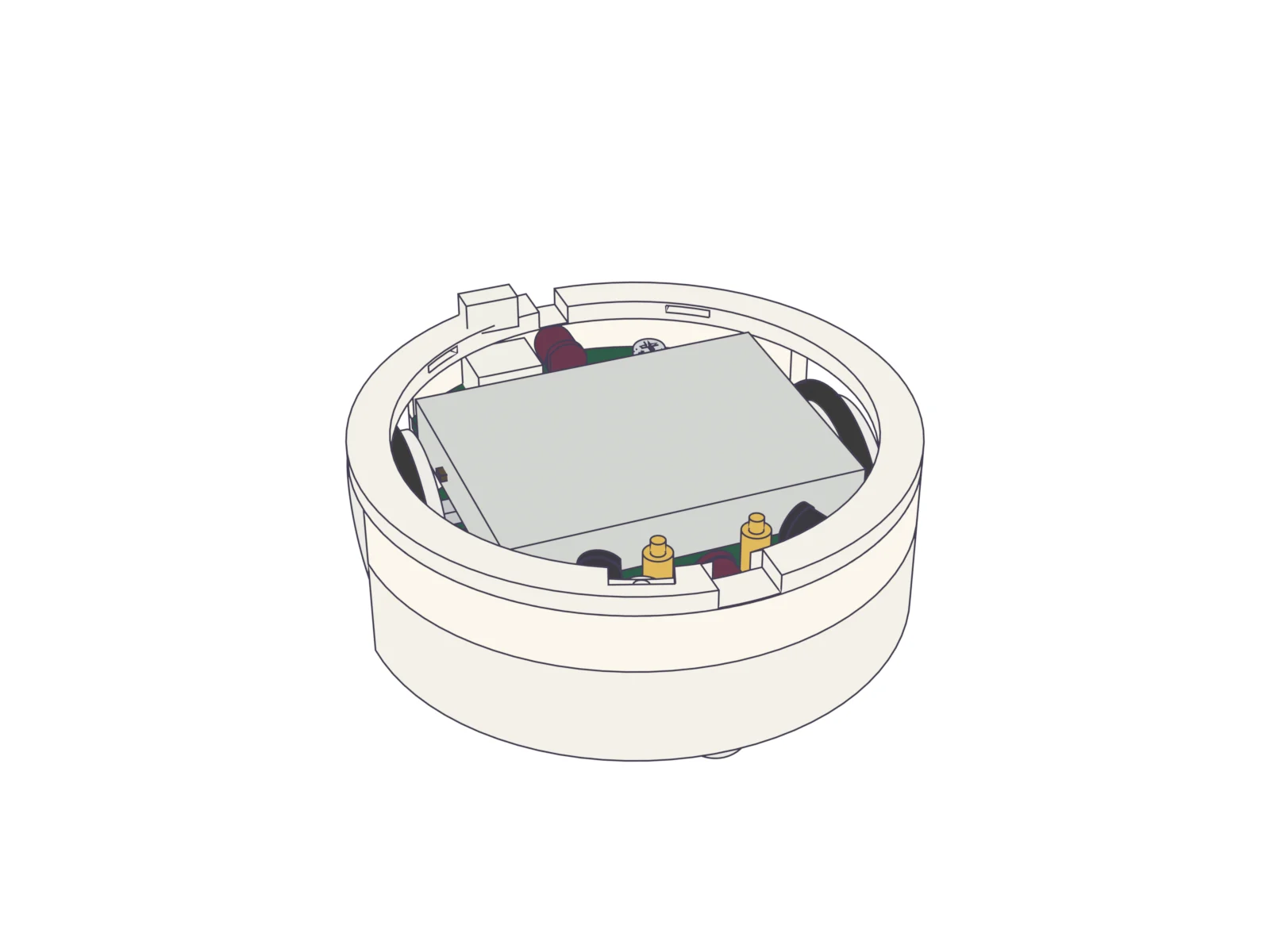 A bot with its cover off; the cell's plug is pulled out of its socket and the cell lifts out.