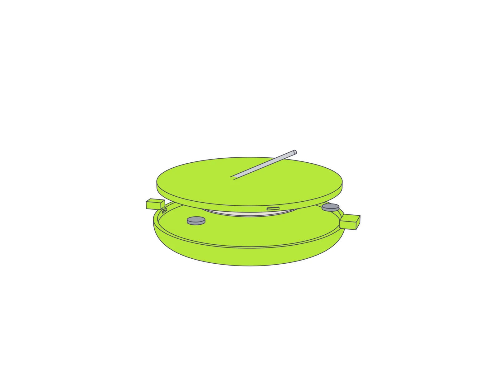 A hat upside down; a pin goes into the release slot and the floor plate comes away, showing the tag and the magnets.