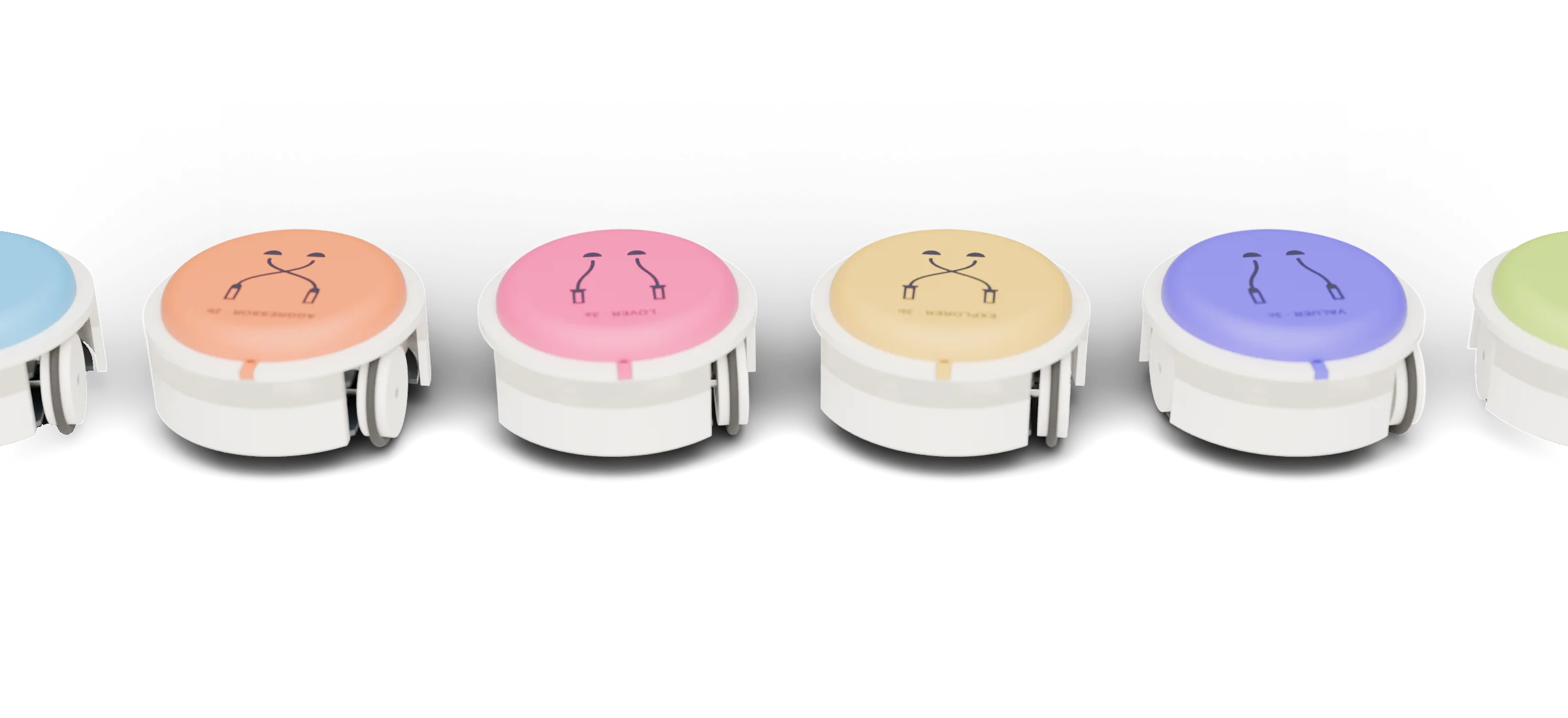 A row of bots, each hat in its own colour with its wiring printed on top.