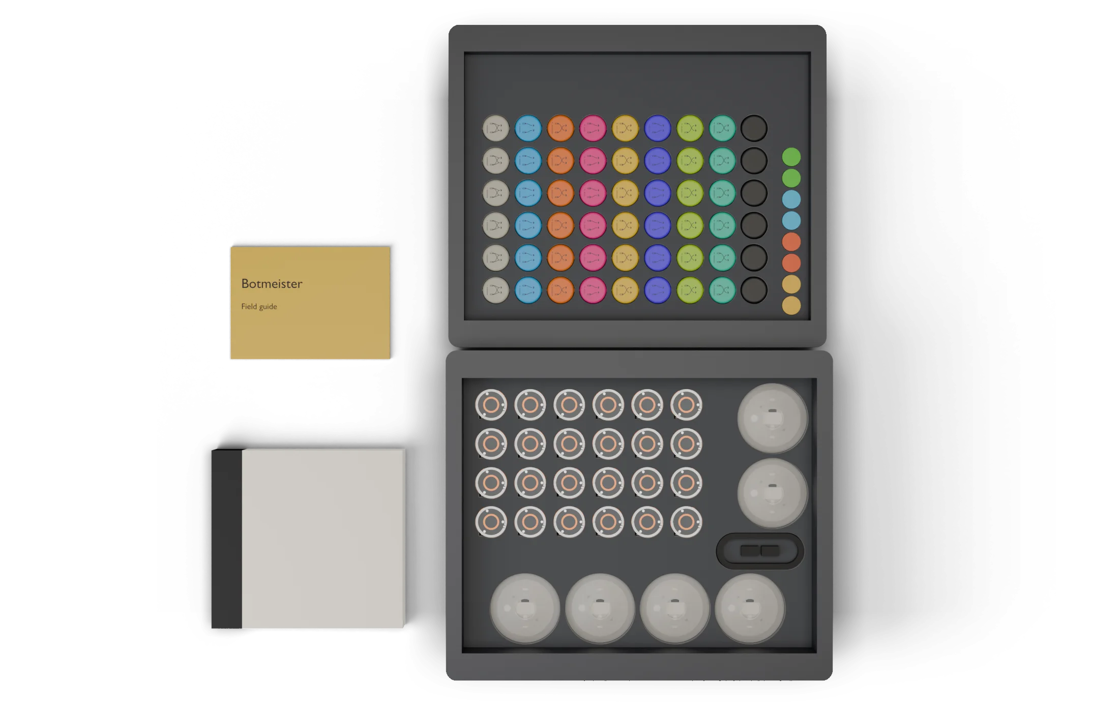 The open case from above: twenty-four bots in their charging pockets, six light pads, the hats sorted by colour in the lid, the folded mat and the field guide beside it.
