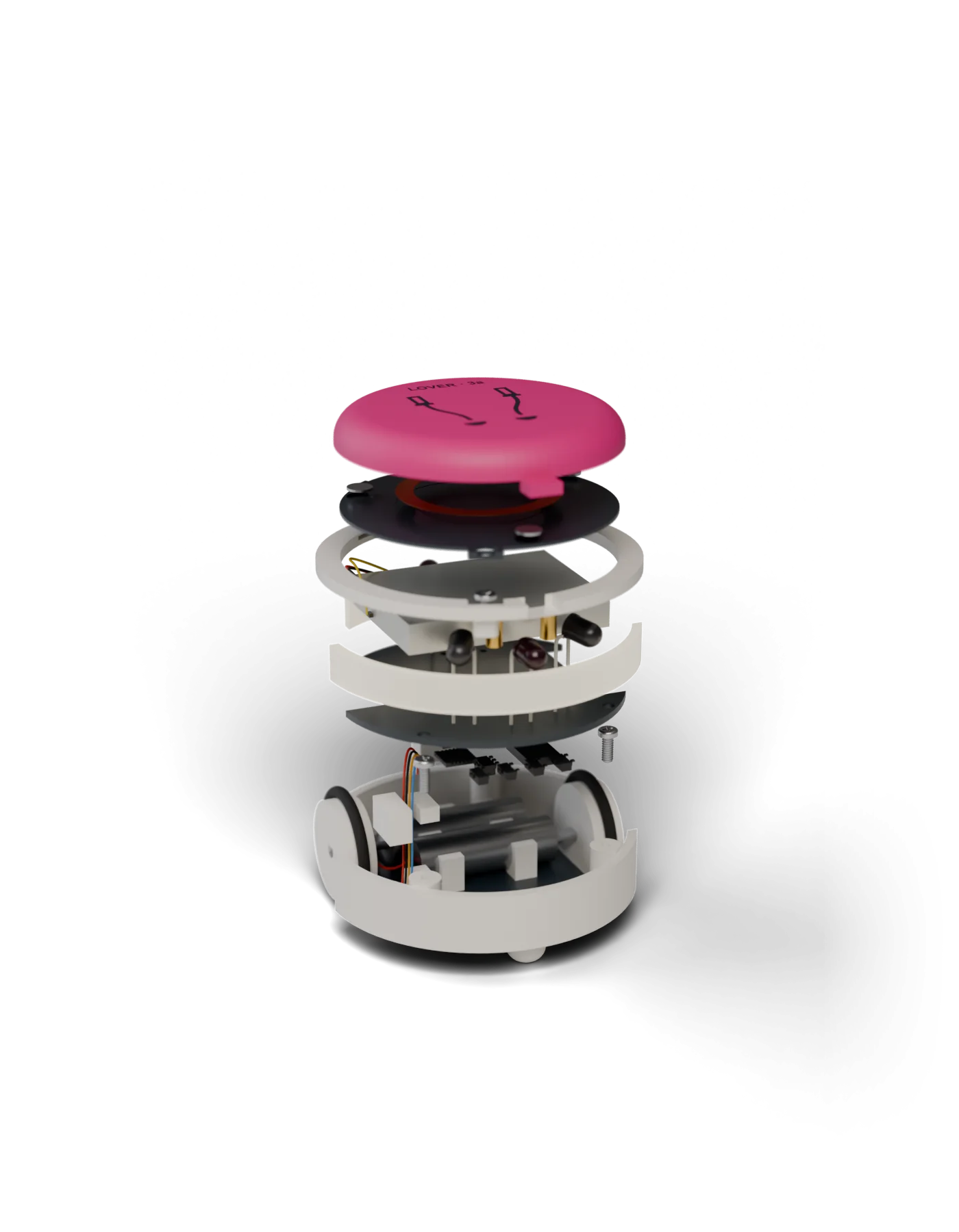 One bot pulled apart along its axis: hat, rim, battery and main board, glowing band, motors and wheels, base.