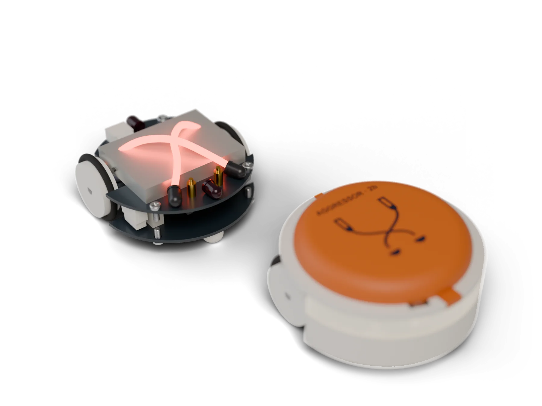 A bot with its shell off, its two eyes wired across to the opposite wheels by glowing red lines, beside a bot whose hat shows the same crossing.