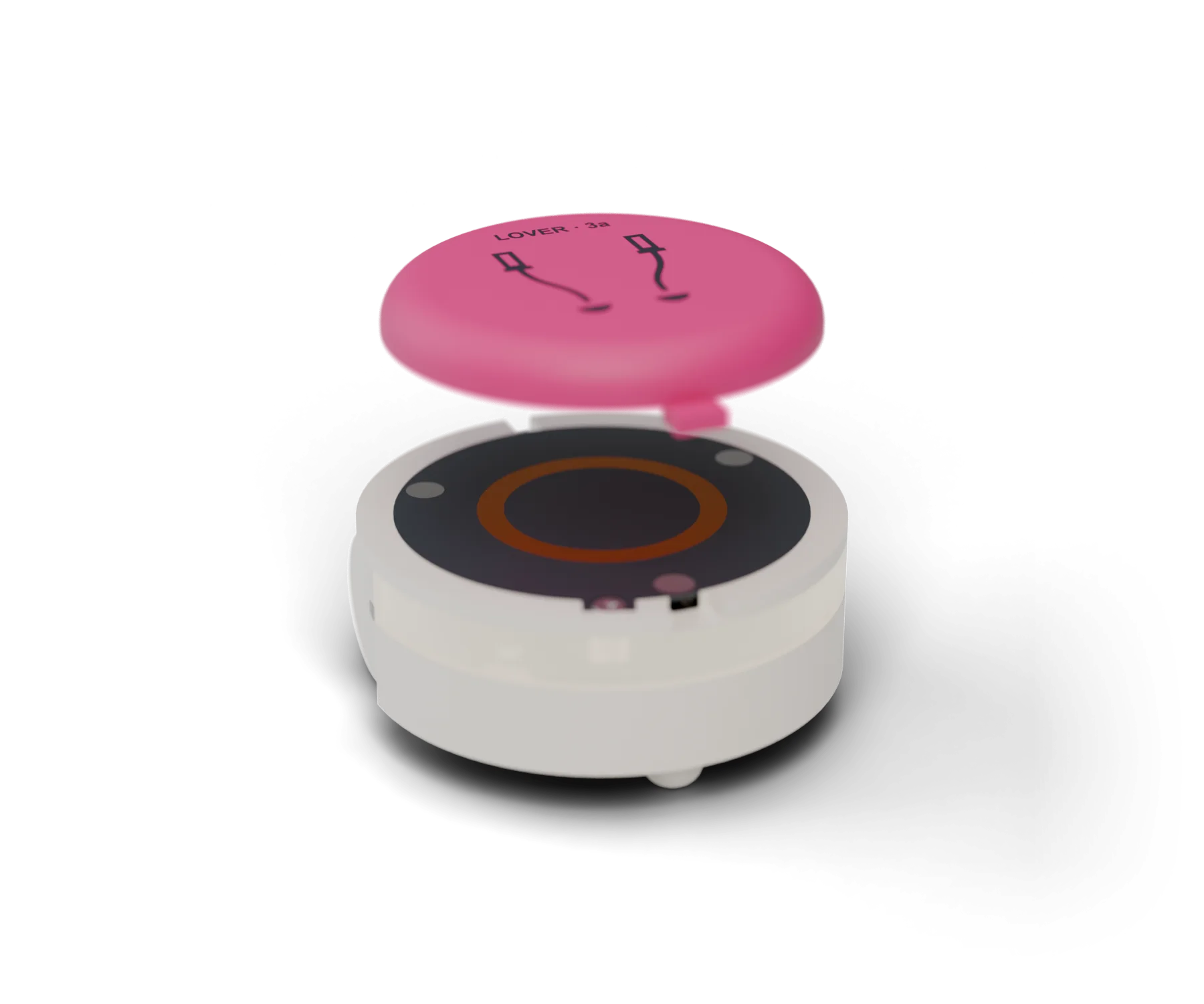 A bot with its pink Lover hat lifted off, showing the battery and contacts inside.