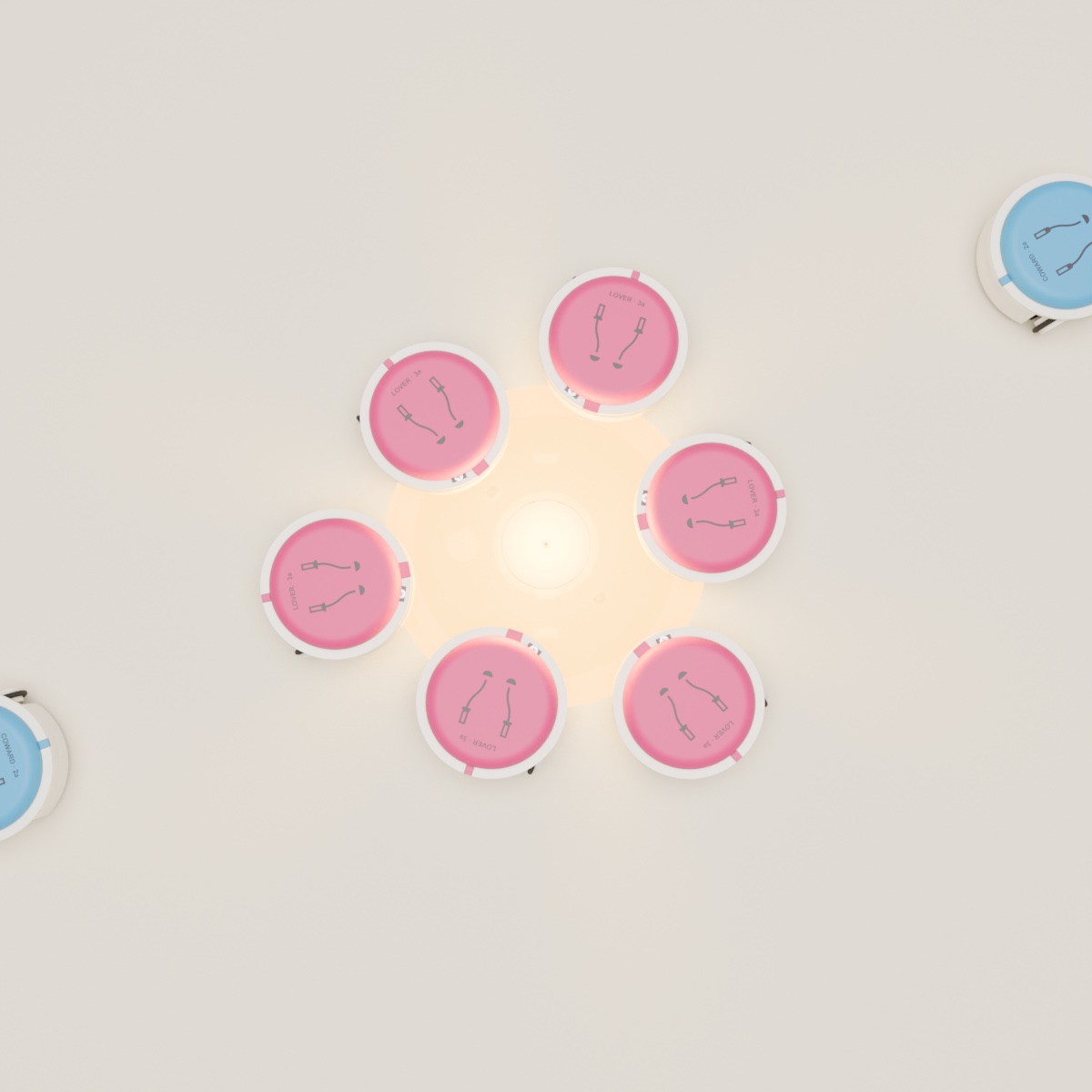 Six pink bots resting in a ring around a lit pad, two blue bots heading away.