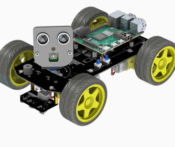 The assembled Freenove 4WD smart car: black chassis, four yellow-rimmed wheels, a Raspberry Pi board on top and an ultrasonic sensor module at the front.