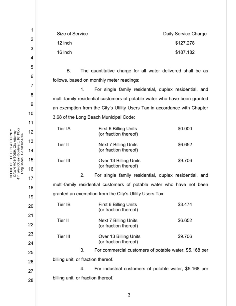 Long Beach Utilities Department rate document, page showing the residential rates.